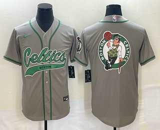 Men%27s Boston Celtics Gray Team Big Logo With Patch Stitched Baseball Jersey->boston celtics->NBA Jersey